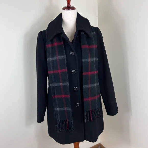 London Fog Womens Medium Black Wool Pea Coat Plaid Scarf Business Professional - Picture 2 of 9